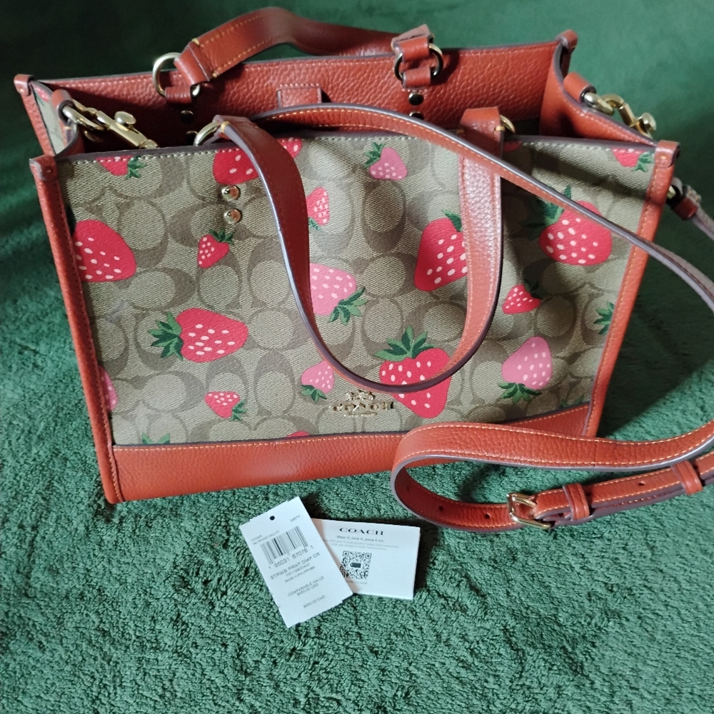 Coach Tan and Brown Tote with Strawberry Print